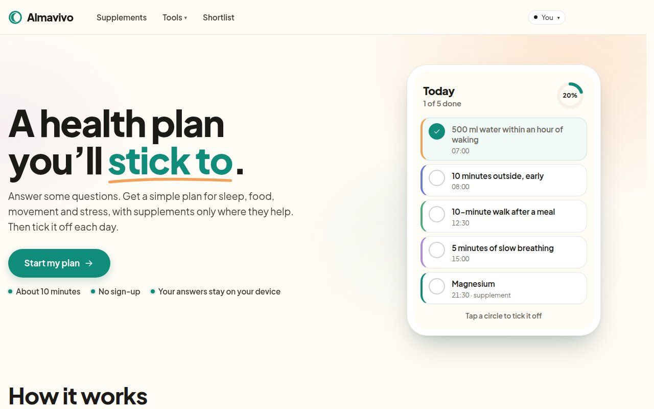 Almavivo homepage hero offering a health plan you will stick to, with a sample daily checklist