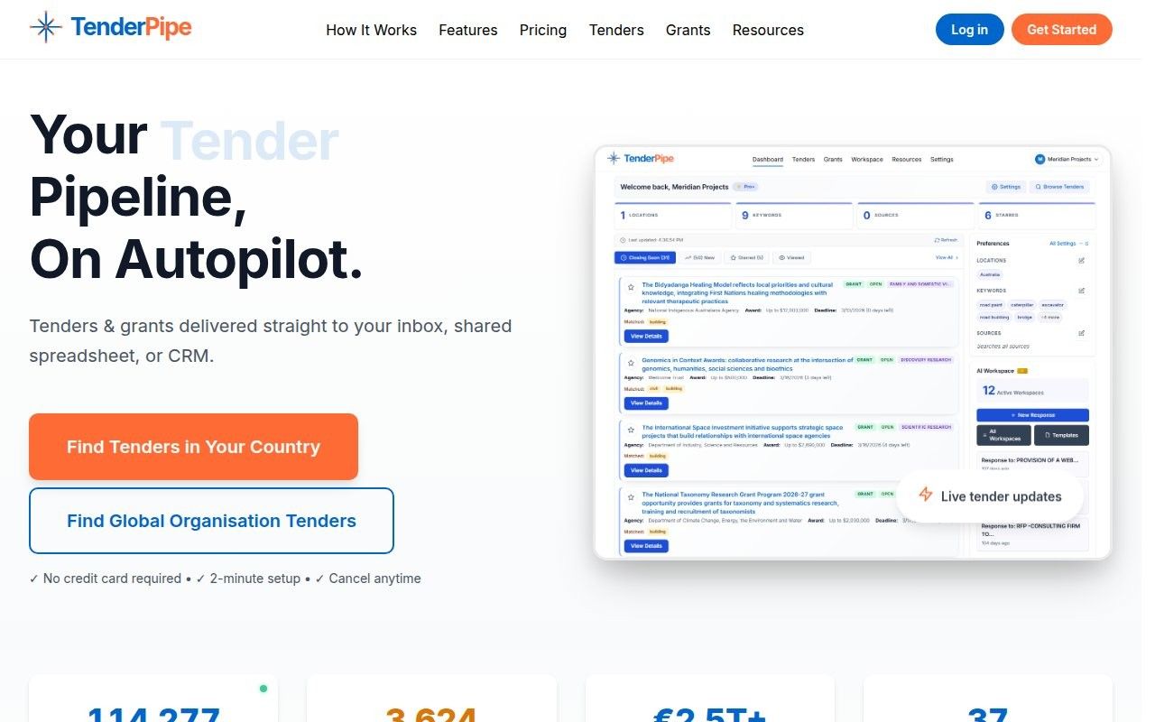 TenderPipe homepage hero about automated tender tracking, beside a dashboard mockup of matched tenders
