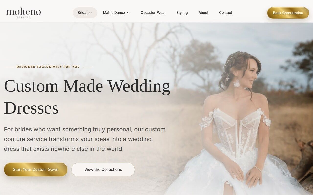 Molteno Couture custom wedding dresses hero with a smiling bride in a lace off-shoulder gown