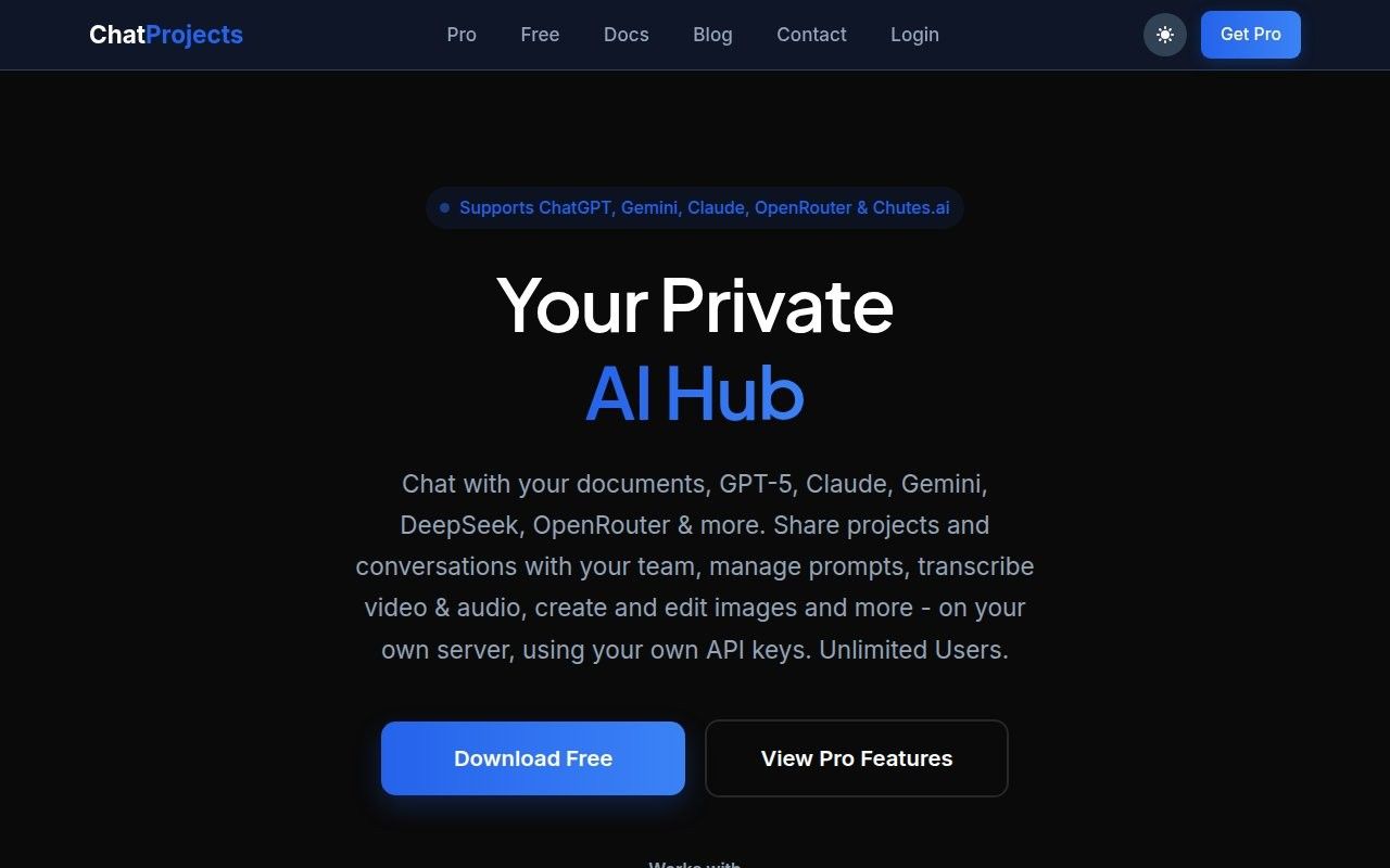 ChatProjects dark homepage hero offering a private AI workspace, with Download Free and Pro buttons