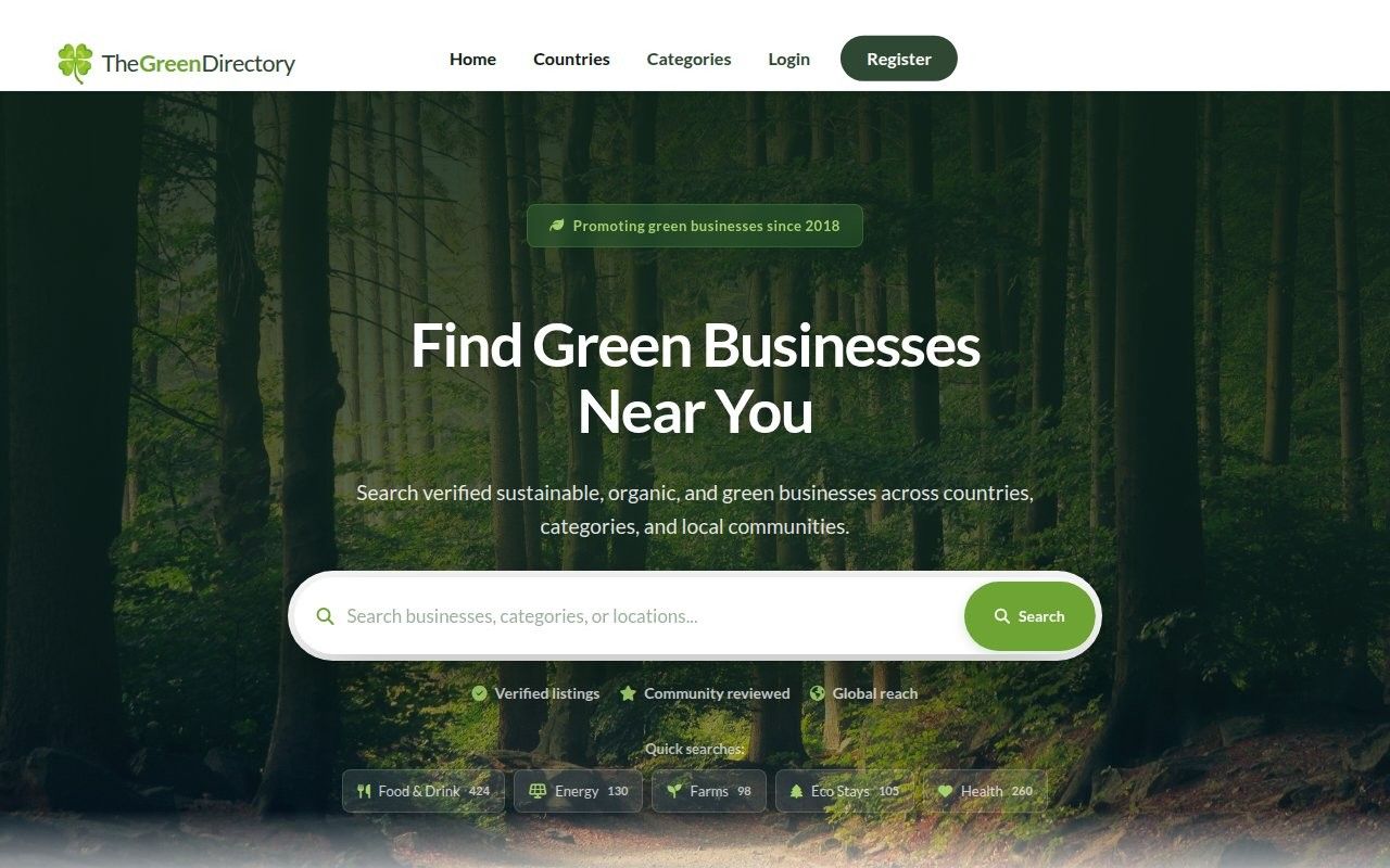 Green Directory homepage hero with a forest backdrop, business search bar and category quick searches