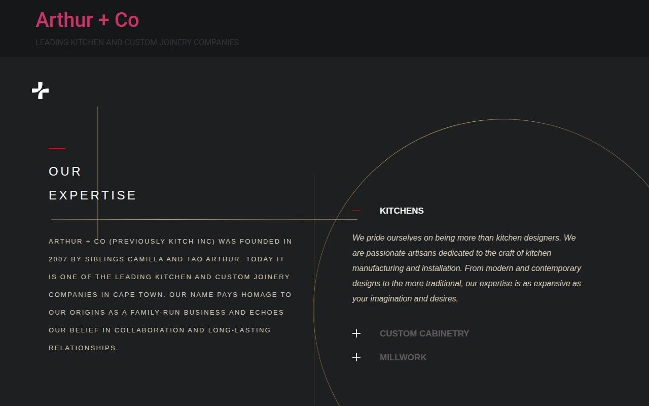 Arthur + Co Our Expertise section on a dark background with kitchens, cabinetry and millwork tabs