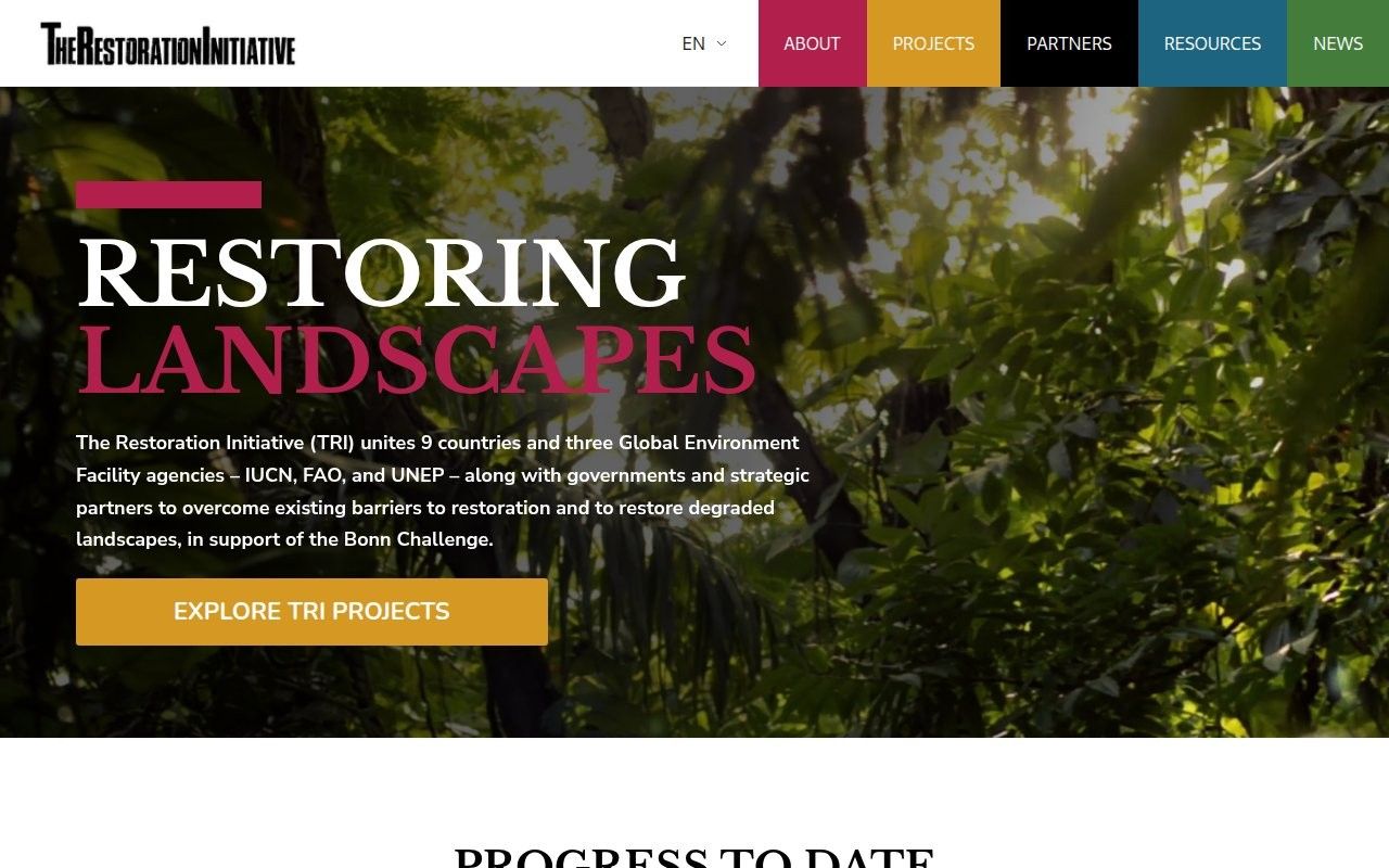Restoring Landscapes homepage hero over dense forest with colour-coded navigation tabs