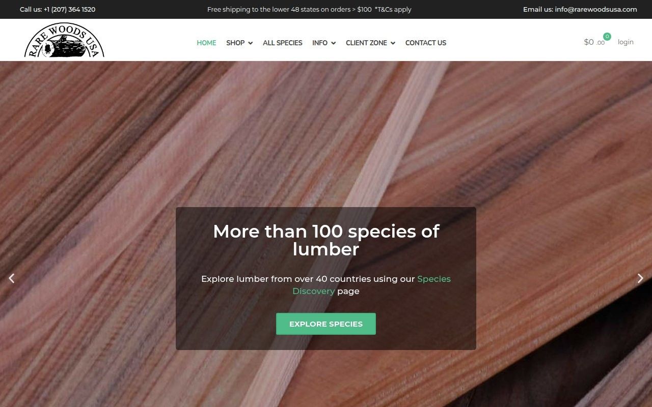 Rare Woods USA homepage slider over close-up lumber grain promoting more than 100 species