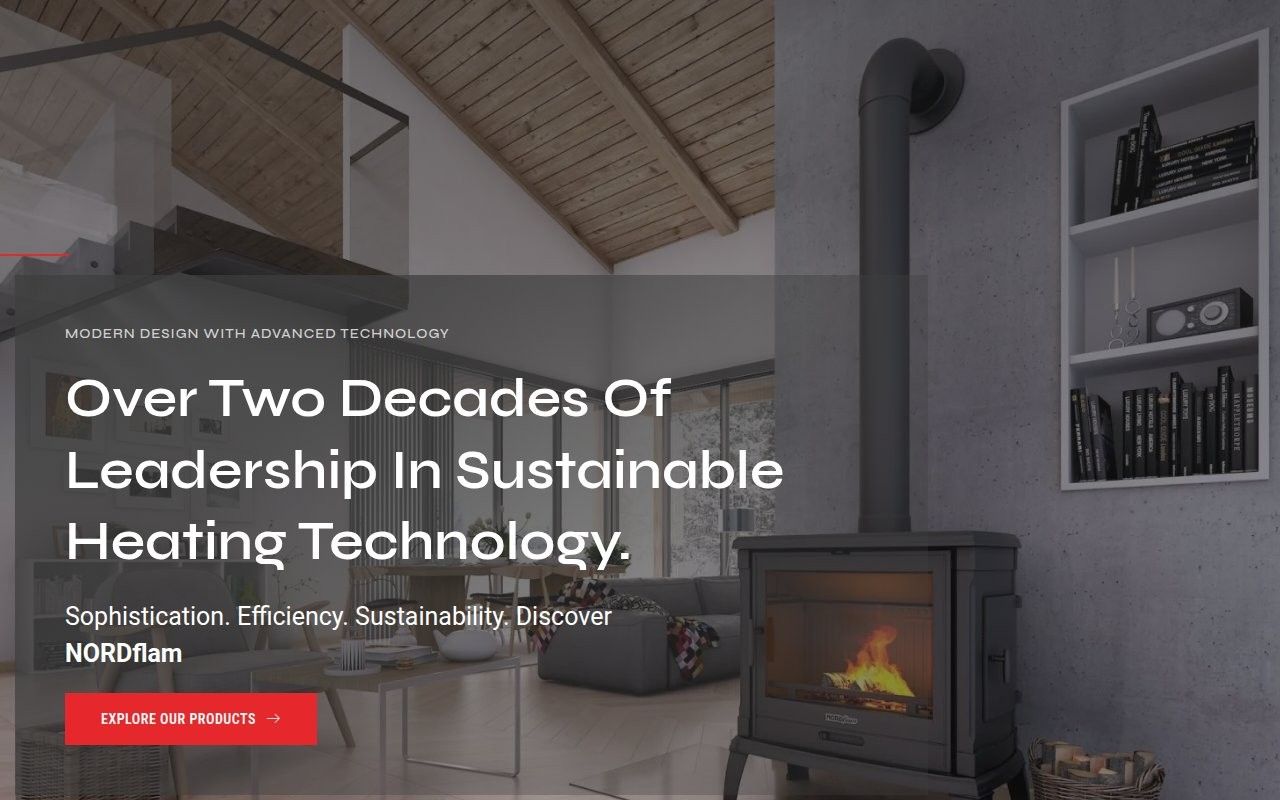 NORDflam SA hero with a cast-iron wood stove in a loft living room and product button