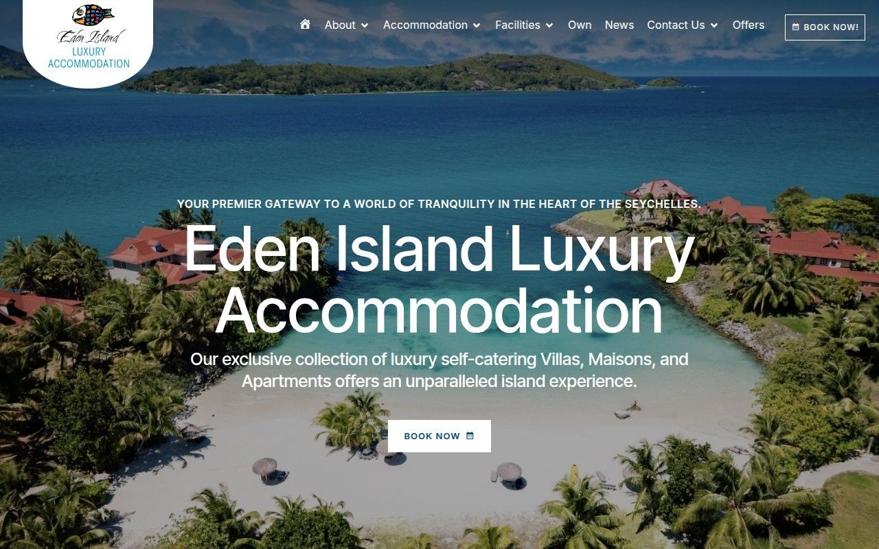 EILA homepage hero with an aerial Eden Island beach, turquoise lagoon and Book Now button